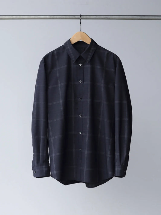 山内-ノーミュールシングウール-ビッグウィンドウペンシャツ-羽衿付き-black-check-1