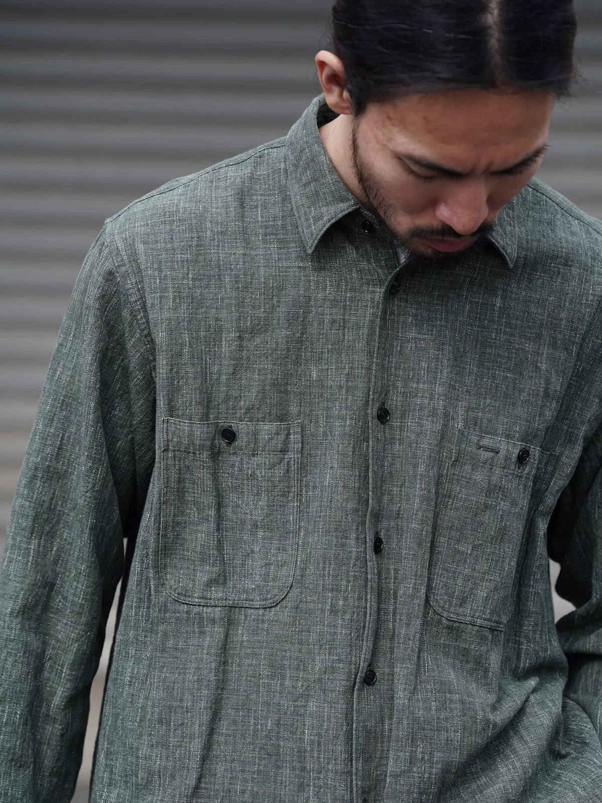 THE NULABEL | HANK DYED WORK SHIRT OLIVE/GREY