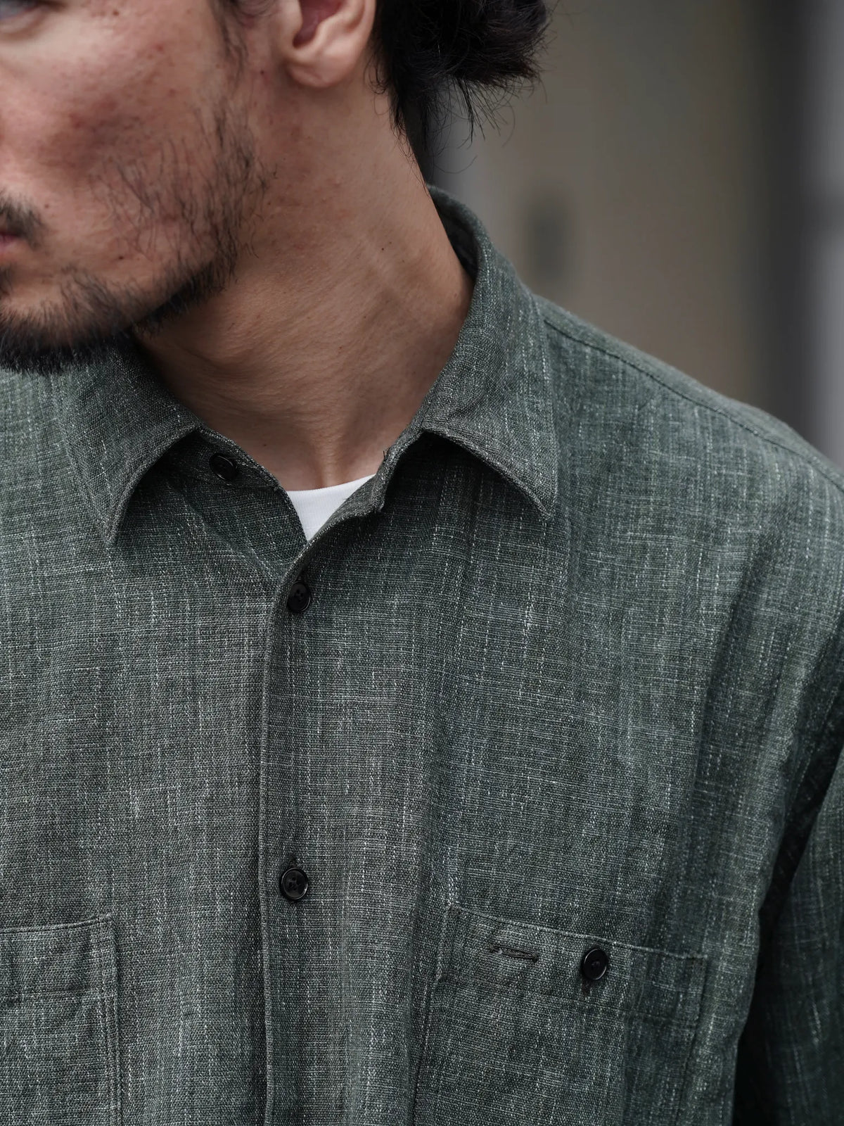 THE NULABEL | HANK DYED WORK SHIRT OLIVE/GREY