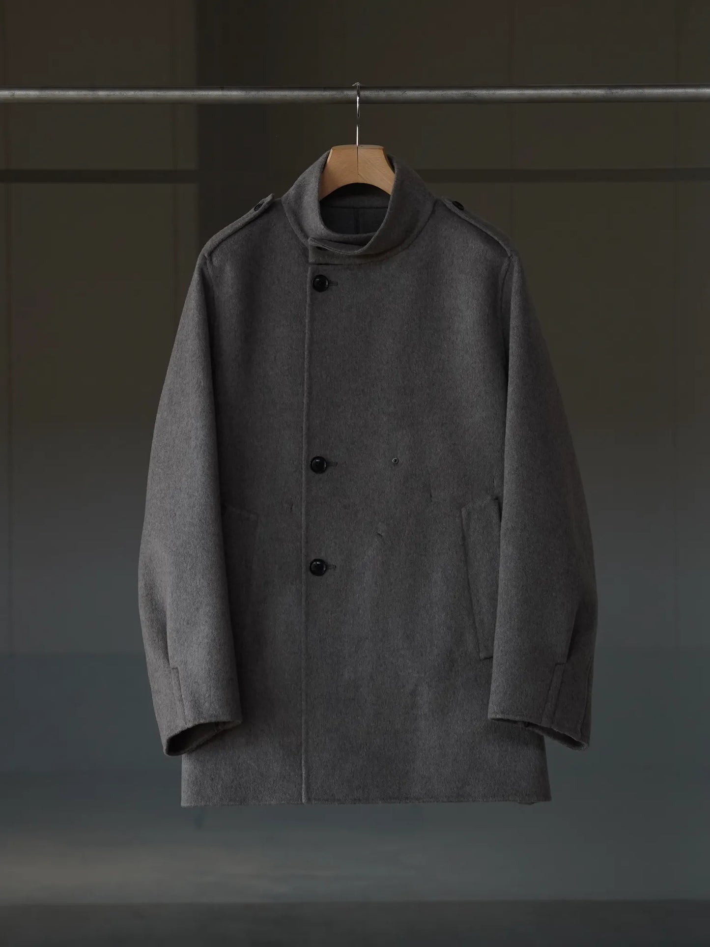 IRENISA | EPAULET STAND COLLAR HALF COAT MOCHA GRAY