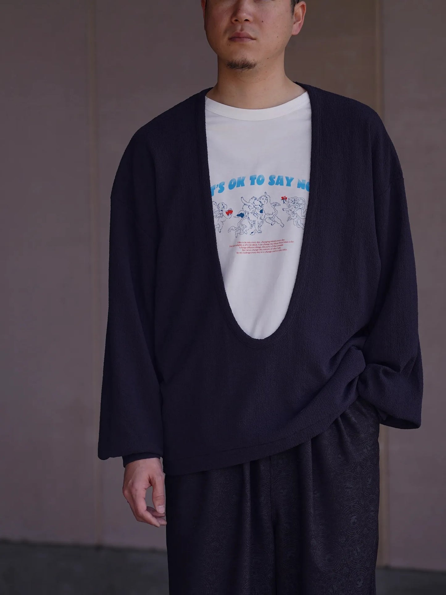 nonnotte | Drape U Pullover with Cuff Sleeve Inkshade