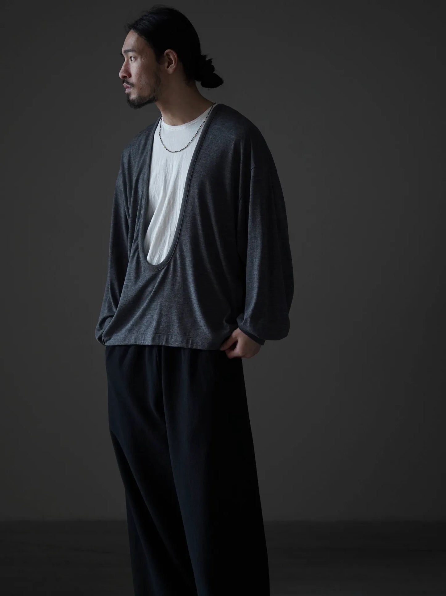 nonnotte | Drape U Pullover with Cuff Sleeve Charcoal