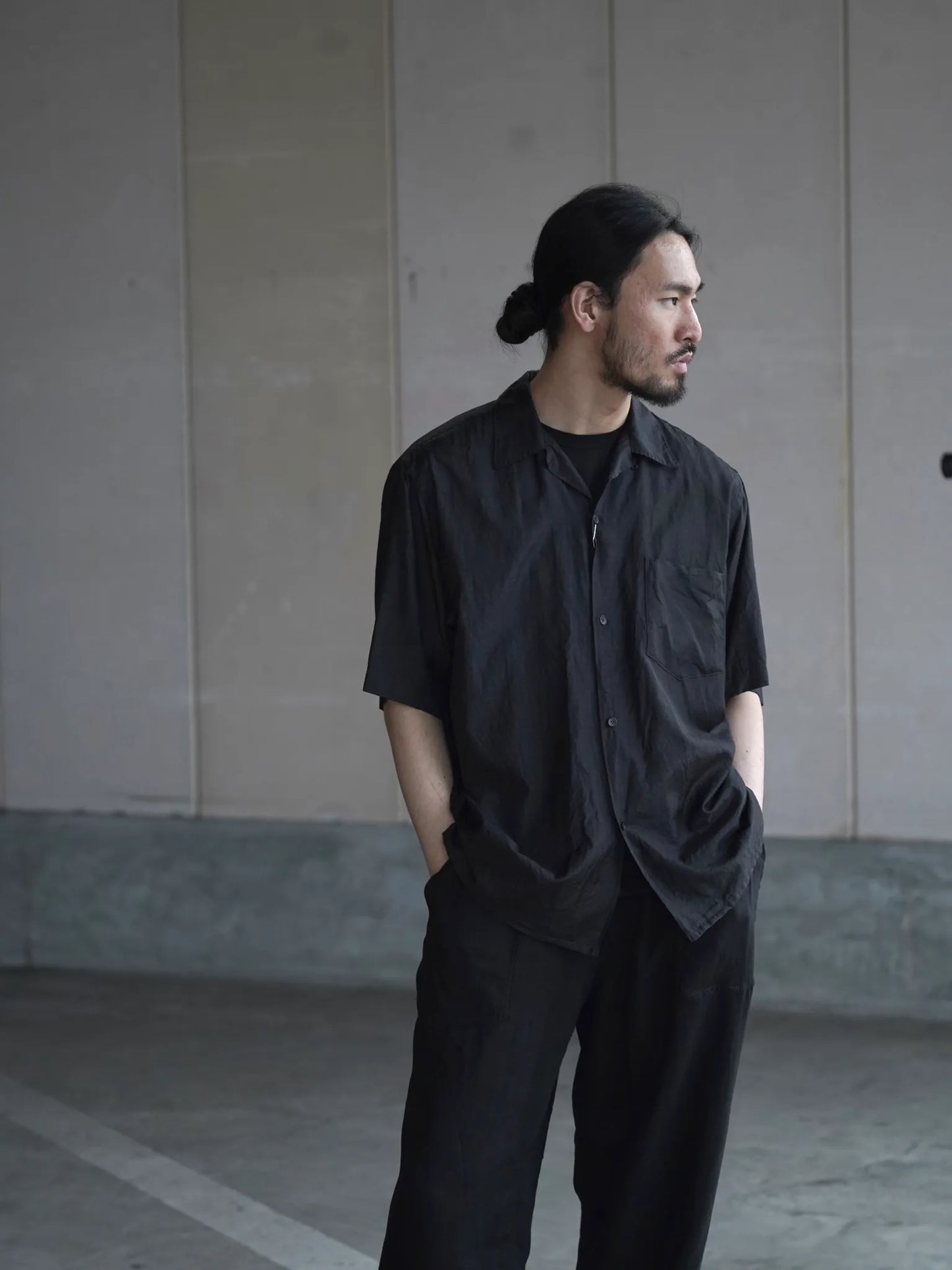 COMOLI | ウールシルク 半袖オープンカラーシャツ CHARCOAL
