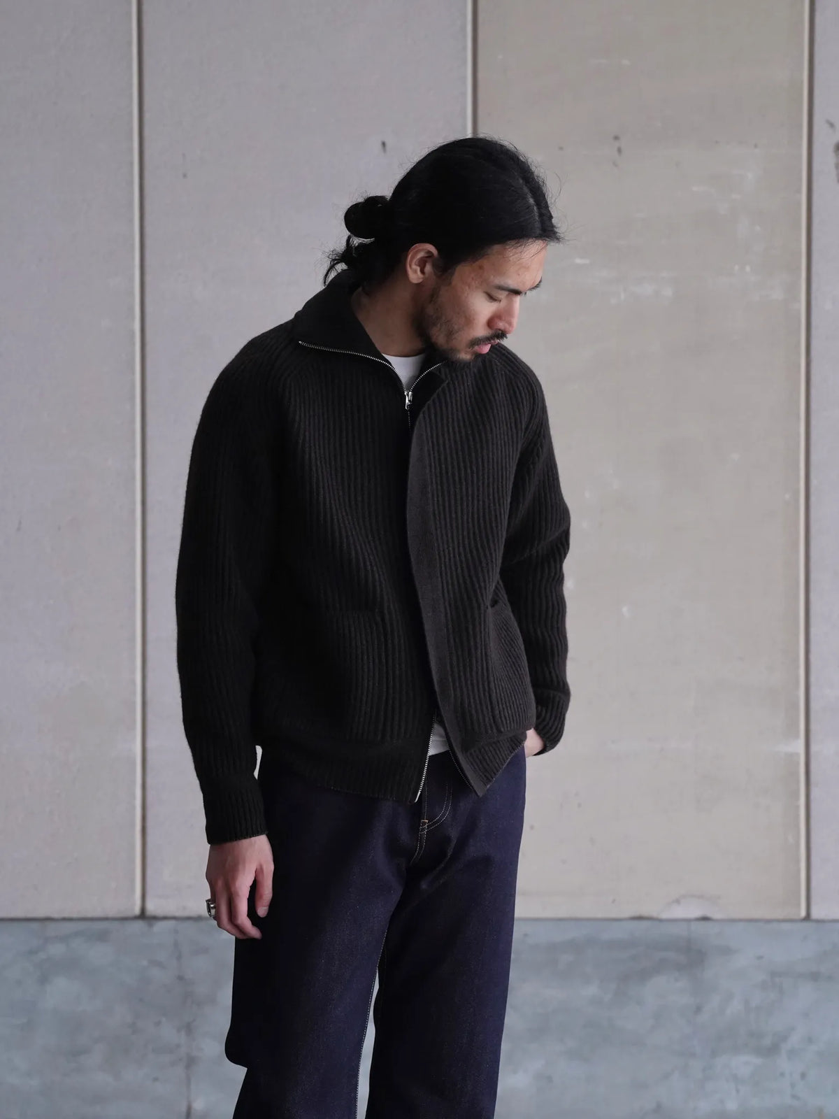 SARTO | WOOL FULL CARDIGAN STITCH HIGH NECK ZIP JACKET DARK BROWN