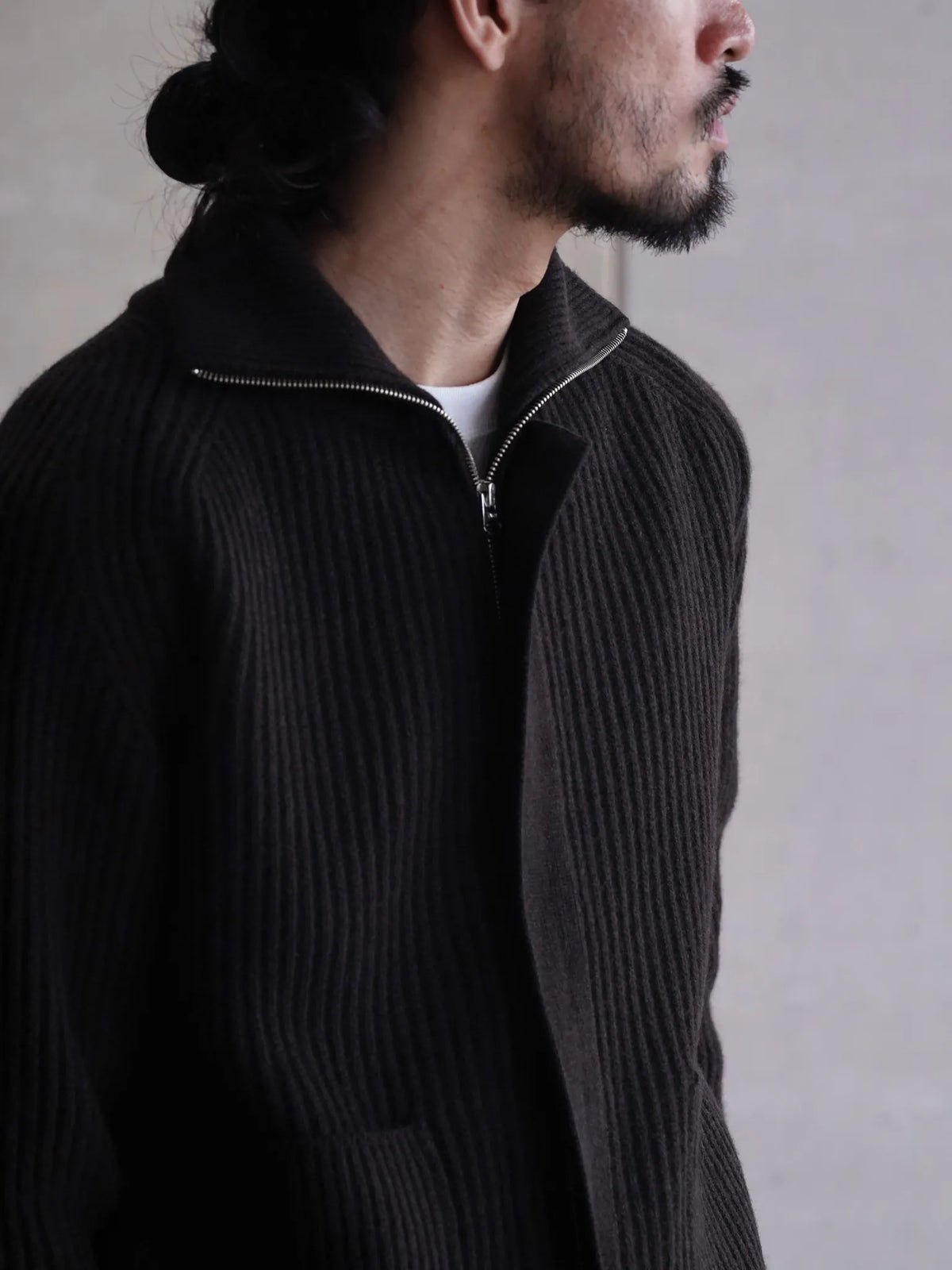 SARTO | WOOL FULL CARDIGAN STITCH HIGH NECK ZIP JACKET DARK BROWN