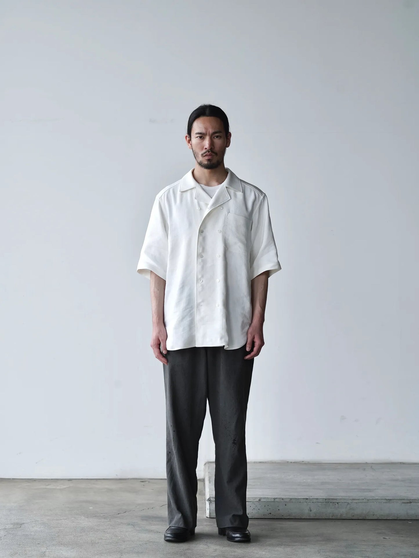 Yamauchi | Vintage Silk Linen Double Open Collar Short Sleeve Shirt off white