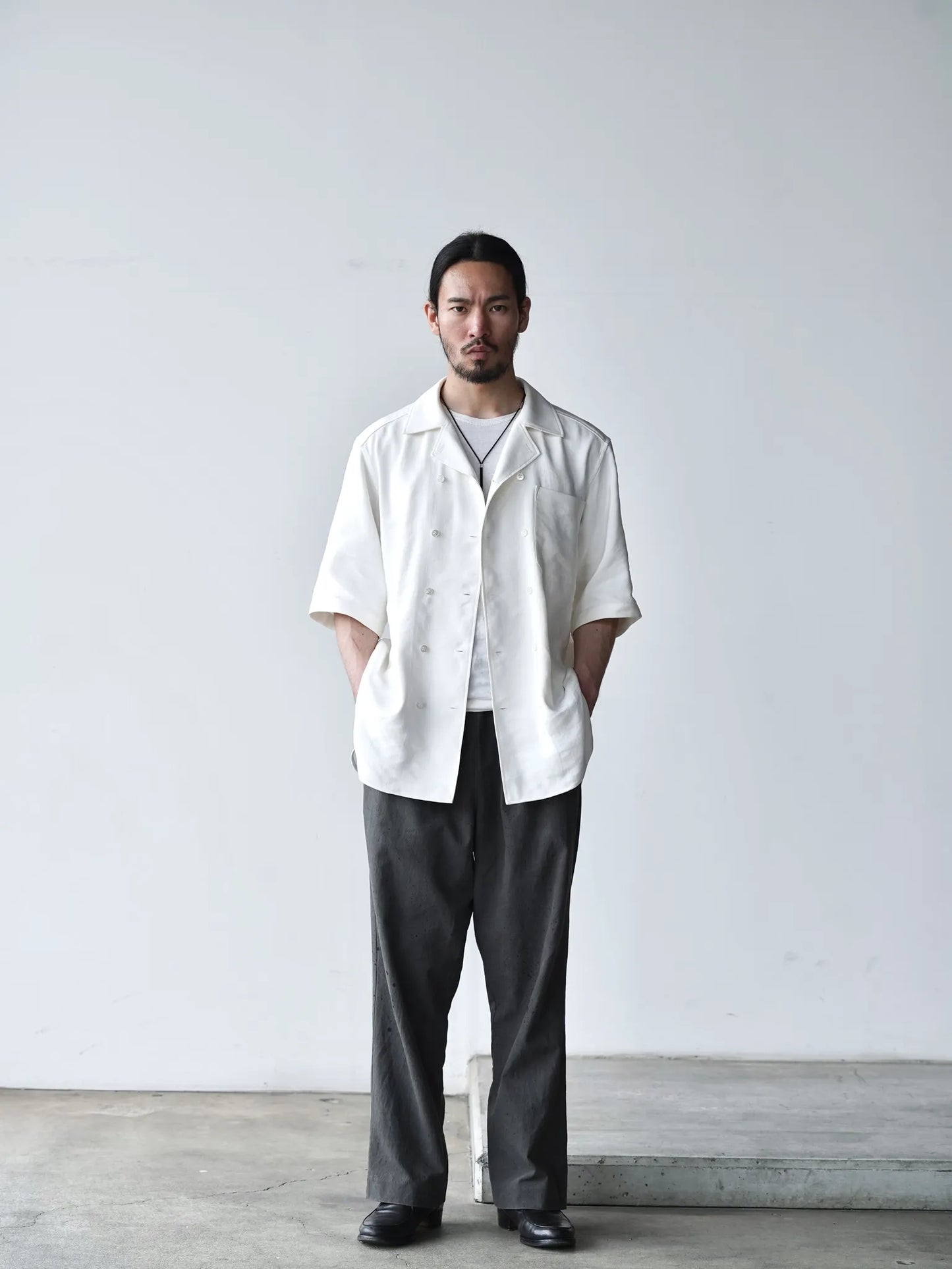 Yamauchi | Vintage Silk Linen Double Open Collar Short Sleeve Shirt off white