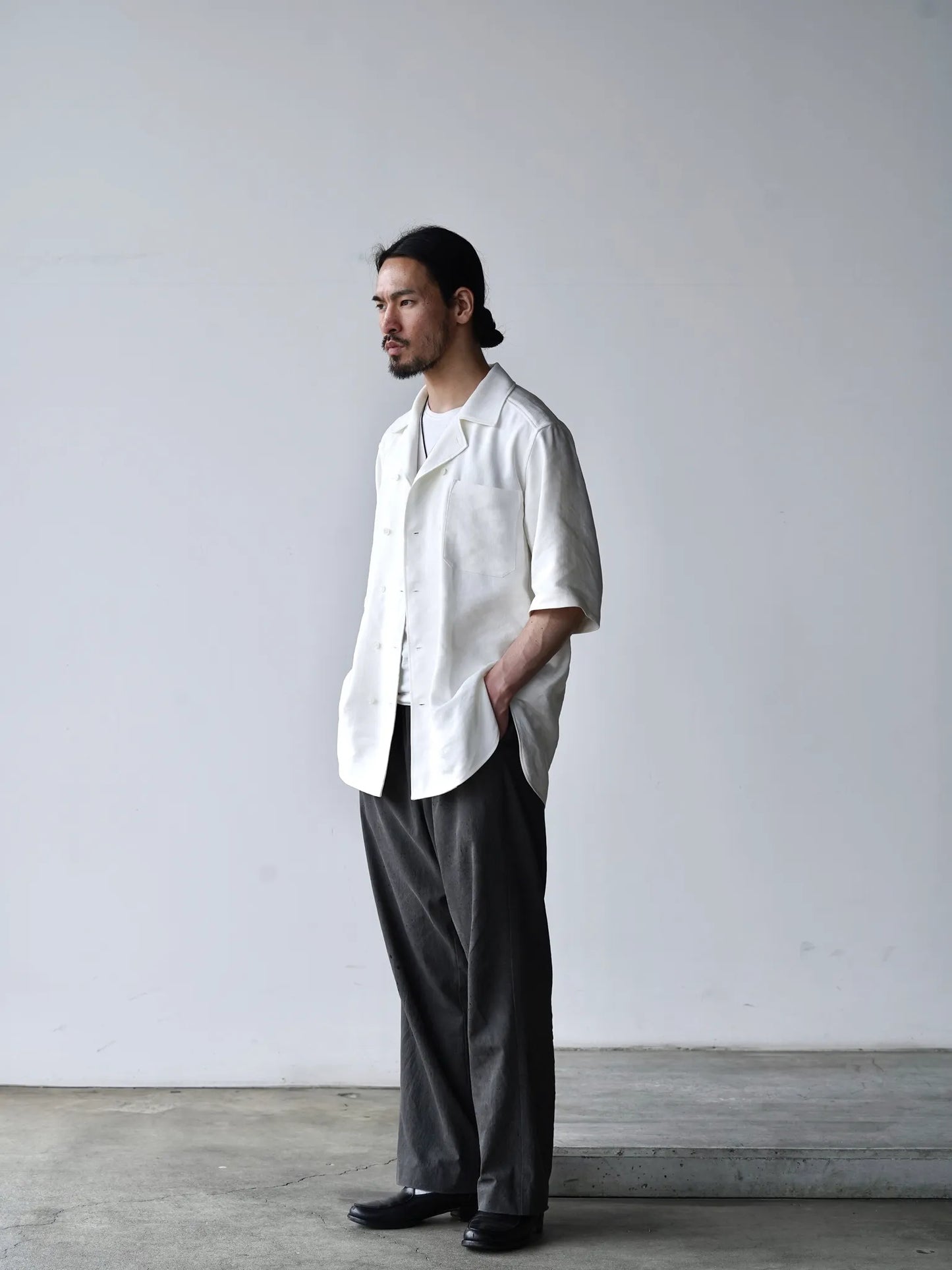 Yamauchi | Vintage Silk Linen Double Open Collar Short Sleeve Shirt off white