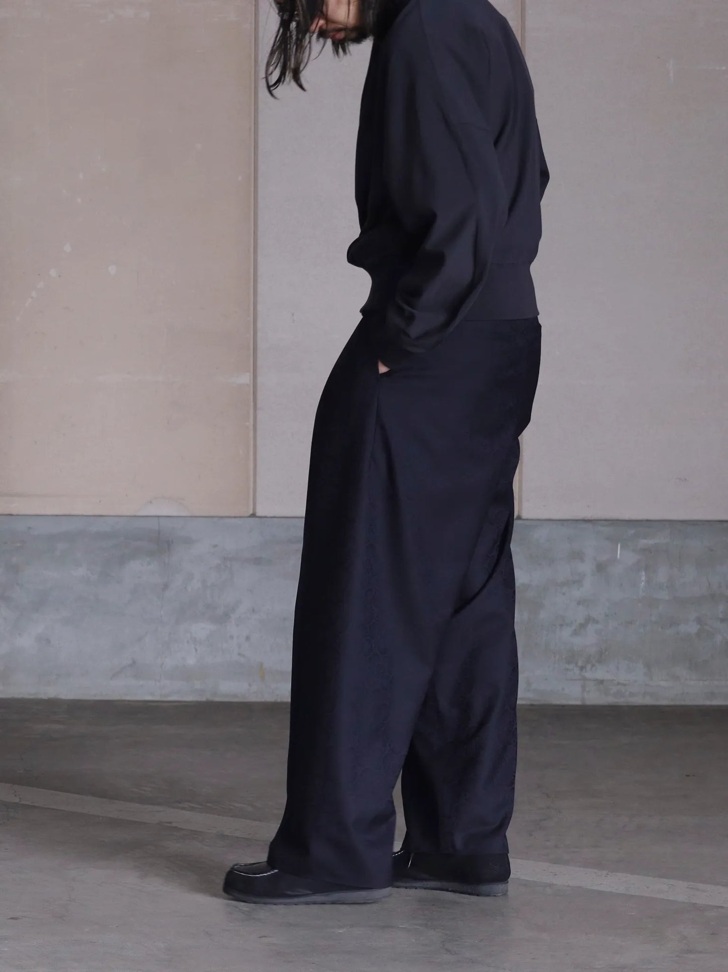 nonnotte | Draping Elastic In Tuck Wide Trousers DeepNavy×BlackTop